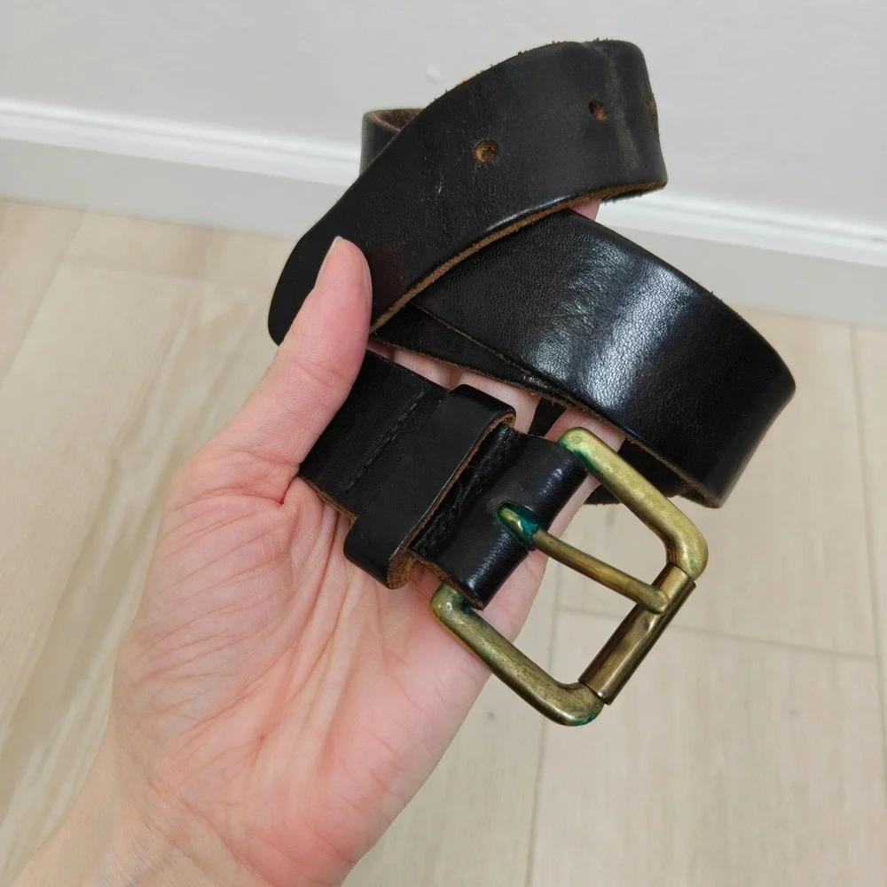 Polo Ralph Lauren Mens Belt 32-34 Black Leather Brass Buckle Rugged Americana